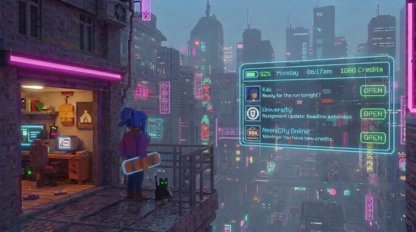 Maya's HoloWatch projects incoming messages over the night skyline